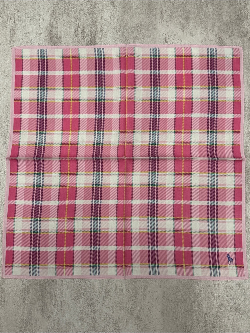 Ralph Lauren Pink Plaid Cotton Pocket Square with Navy & Cream Accents